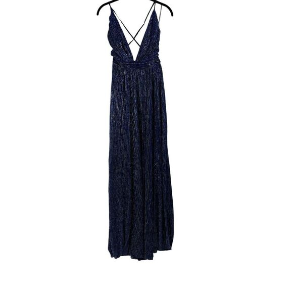 NWT Lulus Stunner Shiny Metallic Backless Maxi Dress Blue Prom Homecoming Size S - Picture 2 of 14